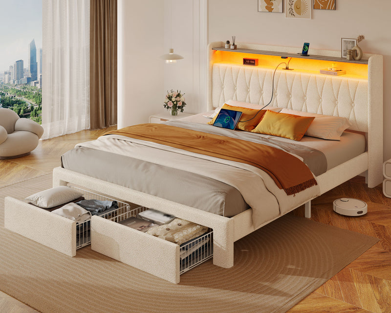 Rolanstar Bed Frame with Drawer, Storage Headboard with Charging Station and LED Lights, Upholstered Bed with Heavy Duty Wood Slats, No Box Spring Needed, Noise Free, Easy Assembly