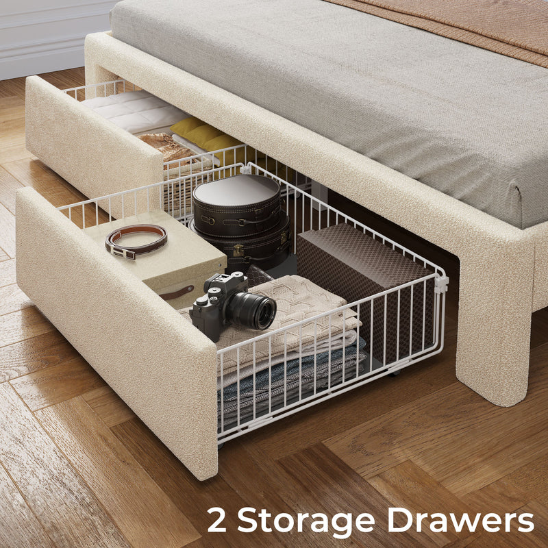 Rolanstar Bed Frame with Drawer, Storage Headboard with Charging Station and LED Lights, Upholstered Bed with Heavy Duty Wood Slats, No Box Spring Needed, Noise Free, Easy Assembly