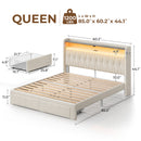 Rolanstar Bed Frame with Drawer, Storage Headboard with Charging Station and LED Lights, Upholstered Bed with Heavy Duty Wood Slats, No Box Spring Needed, Noise Free, Easy Assembly