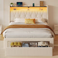 Rolanstar Bed Frame with Drawer, Storage Headboard with Charging Station and LED Lights, Upholstered Bed with Heavy Duty Wood Slats, No Box Spring Needed, Noise Free, Easy Assembly