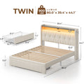 Rolanstar Bed Frame with Drawer, Storage Headboard with Charging Station and LED Lights, Upholstered Bed with Heavy Duty Wood Slats, No Box Spring Needed, Noise Free, Easy Assembly