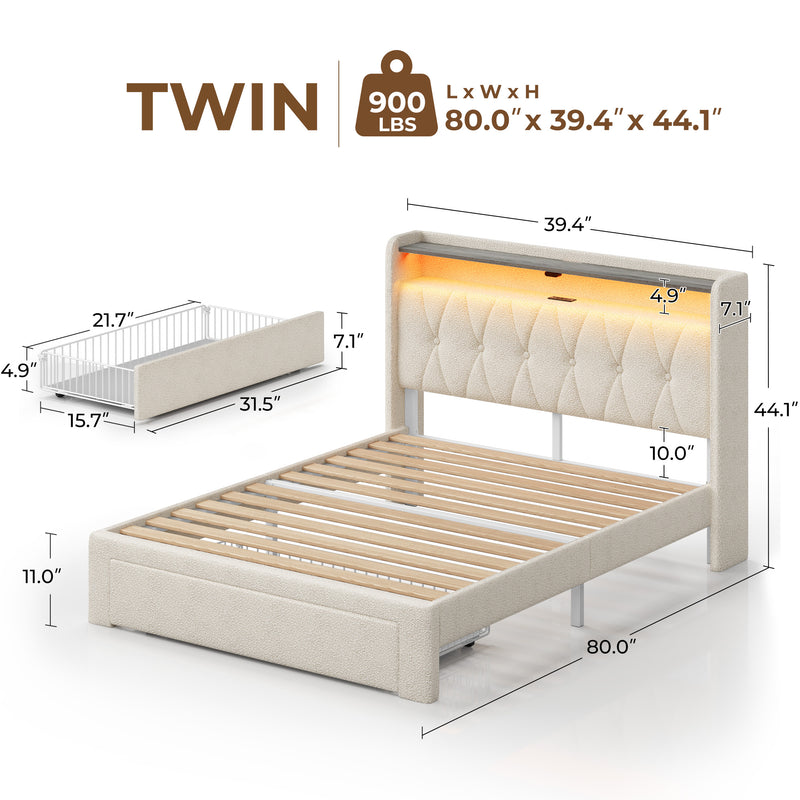 Rolanstar Bed Frame with Drawer, Storage Headboard with Charging Station and LED Lights, Upholstered Bed with Heavy Duty Wood Slats, No Box Spring Needed, Noise Free, Easy Assembly