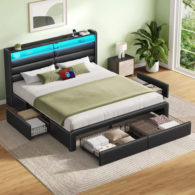 Bed Frame with 4 Storage Drawers and LED Lights, Upholstered Bed with Headboard and Charging Station