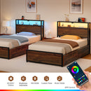 Rolanstar Twin Bed Frame with 4 Storage Drawers, Charging Station and LED Lights, Metal Platform Bed with 2-Tier Storage Headboard, No Box Spring Needed, Easy Assembly, Noise-Free, Walnut