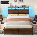 Rolanstar Full Size Bed Frame with 4 Storage Drawers, Charging Station and LED Lights, Metal Platform Bed with 2-Tier Storage Headboard, No Box Spring Needed, Easy Assembly, Noise-Free, Walnut