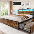 Rolanstar Queen Bed Frame with 4 Storage Drawers, Charging Station and LED Lights, Metal Platform Bed with 2-Tier Storage Headboard, No Box Spring Needed, Easy Assembly, Noise-Free, Rustic Brown