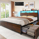 Rolanstar Full Size Bed Frame with 4 Storage Drawers, Charging Station and LED Lights, Metal Platform Bed with 2-Tier Storage Headboard, No Box Spring Needed, Easy Assembly, Noise-Free, Walnut