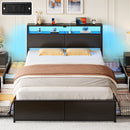 Rolanstar Full Size Bed Frame with 4 Storage Drawers, Charging Station and LED Lights, Metal Platform Bed with 2-Tier Storage Headboard, No Box Spring Needed, Easy Assembly, Noise-Free, Black