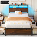 Rolanstar Twin Bed Frame with 4 Storage Drawers, Charging Station and LED Lights, Metal Platform Bed with 2-Tier Storage Headboard, No Box Spring Needed, Easy Assembly, Noise-Free, Walnut