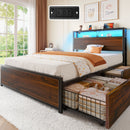 Rolanstar Twin Bed Frame with 4 Storage Drawers, Charging Station and LED Lights, Metal Platform Bed with 2-Tier Storage Headboard, No Box Spring Needed, Easy Assembly, Noise-Free, Walnut