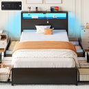 Rolanstar Twin Bed Frame with 4 Storage Drawers, Charging Station and LED Lights, Metal Platform Bed with 2-Tier Storage Headboard, No Box Spring Needed, Easy Assembly, Noise-Free, Black