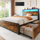 Rolanstar Twin Bed Frame with 4 Storage Drawers, Charging Station and LED Lights, Metal Platform Bed with 2-Tier Storage Headboard, No Box Spring Needed, Easy Assembly, Noise-Free, Rustic Brown