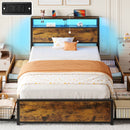 Rolanstar Twin Bed Frame with 4 Storage Drawers, Charging Station and LED Lights, Metal Platform Bed with 2-Tier Storage Headboard, No Box Spring Needed, Easy Assembly, Noise-Free, Rustic Brown