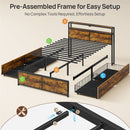 Rolanstar Twin Bed Frame with 4 Storage Drawers, Charging Station and LED Lights, Metal Platform Bed with 2-Tier Storage Headboard, No Box Spring Needed, Easy Assembly, Noise-Free, Rustic Brown