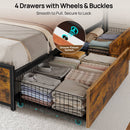 Rolanstar Queen Bed Frame with 4 Storage Drawers, Charging Station and LED Lights, Metal Platform Bed with 2-Tier Storage Headboard, No Box Spring Needed, Easy Assembly, Noise-Free, Rustic Brown