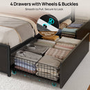 Rolanstar Twin Bed Frame with 4 Storage Drawers, Charging Station and LED Lights, Metal Platform Bed with 2-Tier Storage Headboard, No Box Spring Needed, Easy Assembly, Noise-Free, Black