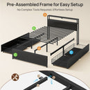Rolanstar Full Size Bed Frame with 4 Storage Drawers, Charging Station and LED Lights, Metal Platform Bed with 2-Tier Storage Headboard, No Box Spring Needed, Easy Assembly, Noise-Free, Black