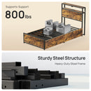 Rolanstar Twin Bed Frame with 4 Storage Drawers, Charging Station and LED Lights, Metal Platform Bed with 2-Tier Storage Headboard, No Box Spring Needed, Easy Assembly, Noise-Free, Rustic Brown