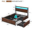 Rolanstar Full Size Bed Frame with 4 Storage Drawers, Charging Station and LED Lights, Metal Platform Bed with 2-Tier Storage Headboard, No Box Spring Needed, Easy Assembly, Noise-Free, Walnut