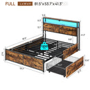 Rolanstar Full Size Bed Frame with 4 Storage Drawers, Charging Station and LED Lights, Metal Platform Bed with 2-Tier Storage Headboard, No Box Spring Needed, Easy Assembly, Noise-Free, Rustic Brown