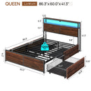 Rolanstar Queen Bed Frame with 4 Storage Drawers, Charging Station and LED Lights, Metal Platform Bed with 2-Tier Storage Headboard, No Box Spring Needed, Easy Assembly, Noise-Free, Walnut
