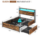 Rolanstar Queen Bed Frame with 4 Storage Drawers, Charging Station and LED Lights, Metal Platform Bed with 2-Tier Storage Headboard, No Box Spring Needed, Easy Assembly, Noise-Free, Rustic Brown