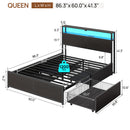 Rolanstar Queen Bed Frame with 4 Storage Drawers, Charging Station and LED Lights, Metal Platform Bed with 2-Tier Storage Headboard, No Box Spring Needed, Easy Assembly, Noise-Free, Black