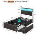 Rolanstar Twin Bed Frame with 4 Storage Drawers, Charging Station and LED Lights, Metal Platform Bed with 2-Tier Storage Headboard, No Box Spring Needed, Easy Assembly, Noise-Free, Black
