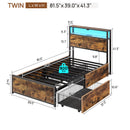 Rolanstar Twin Bed Frame with 4 Storage Drawers, Charging Station and LED Lights, Metal Platform Bed with 2-Tier Storage Headboard, No Box Spring Needed, Easy Assembly, Noise-Free, Rustic Brown