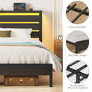 Rolanstar Bed Frame Twin Size with USB Charging Station, LED Bed Frame with Wood Storage Headboard, Black Metal Platform Bed with Under Bed Storage, No Box Spring Needed, Noise Free