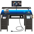 Computer Desk with 4 Drawers and Monitor Shelf, Gaming Desk with LED Lights & Power Outlets