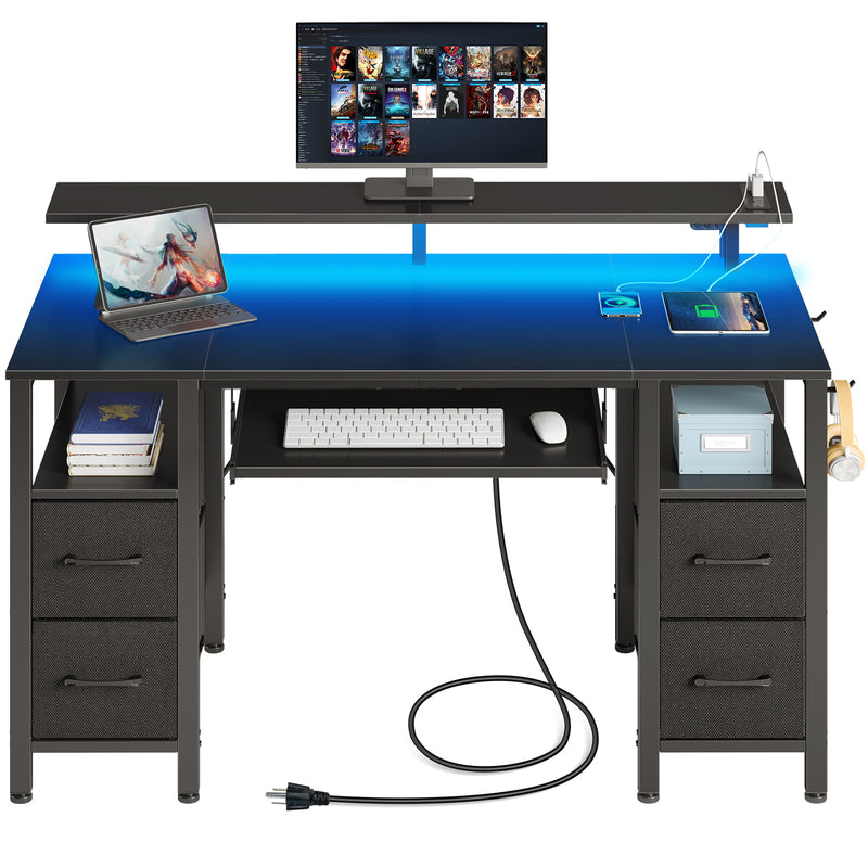 Computer Desk with 4 Drawers and Monitor Shelf, Gaming Desk with LED Lights & Power Outlets