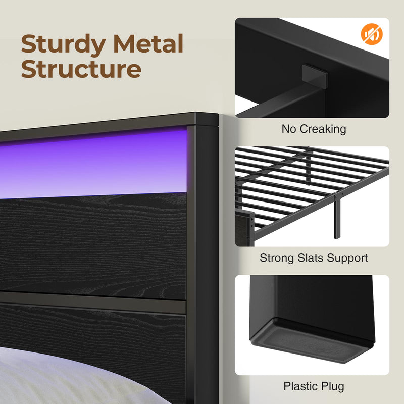 Rolanstar Metal Platform Bed Frame with Charging Station LED Lights Headboard