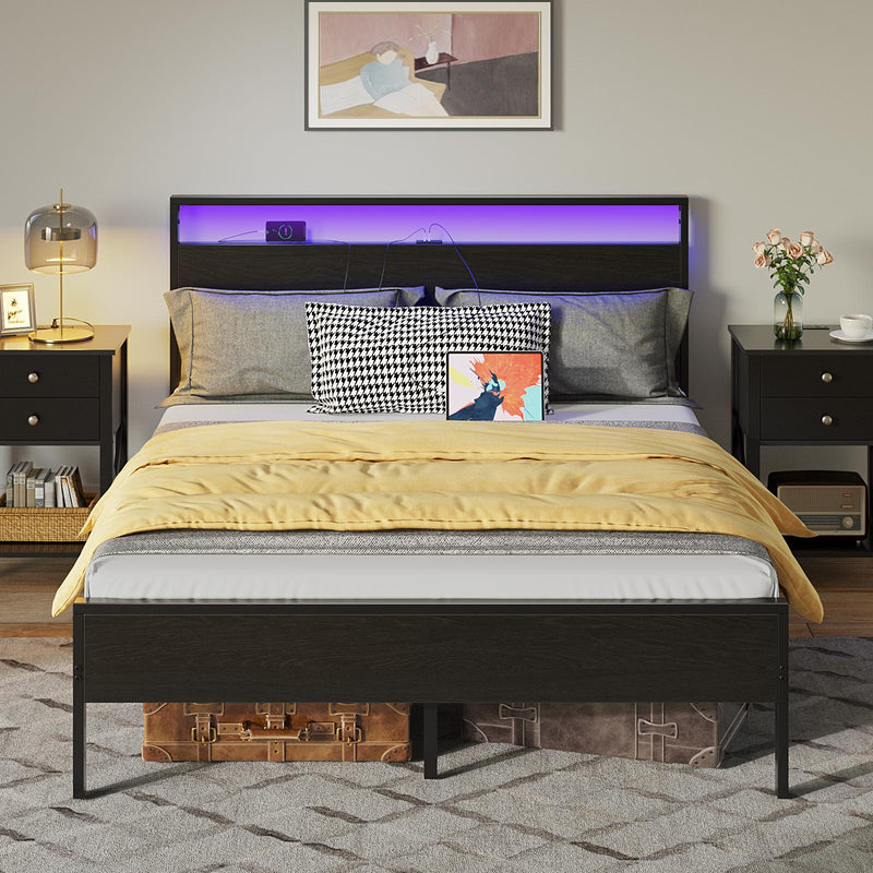 Rolanstar Metal Platform Bed Frame with Charging Station LED Lights Headboard