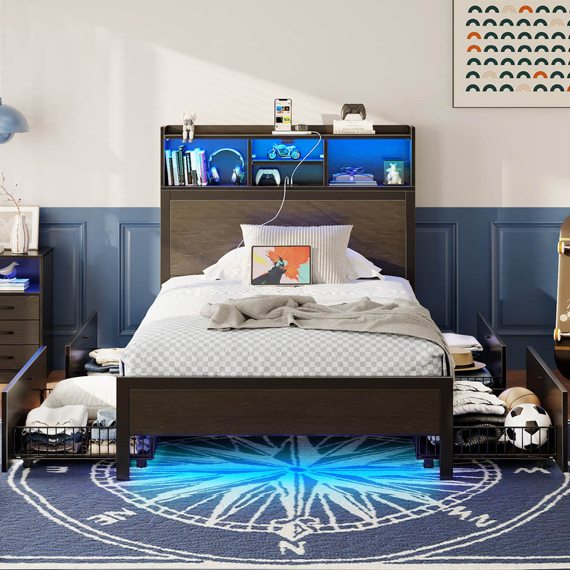 Rolanstar Twin Bed Frame with Storage Headboard, Metal Platform Bed with Charging Station, LED Bed Frame with 4 Drawers, Bookcase Storage, No Box Spring Needed, Easy Assembly, Noise-Free, Black