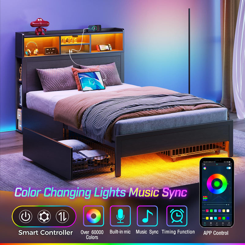 Rolanstar Twin Bed Frame with Storage Headboard, Metal Platform Bed with Charging Station, LED Bed Frame with 4 Drawers, Bookcase Storage, No Box Spring Needed, Easy Assembly, Noise-Free, Black