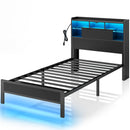 Rolanstar Bed Frame Twin Size with Charging Station, LED Bed Frame with Storage Headboard, Black