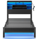 Rolanstar Bed Frame Twin Size with Charging Station, LED Bed Frame with Storage Headboard, Black