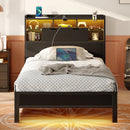 Rolanstar Bed Frame Twin Size with Charging Station, LED Bed Frame with Storage Headboard, Black