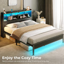 Rolanstar Bed Frame with Headboard, LED Bed with Bookcase Storage and Charging Station, Metal Platform Bed with Glass Shelves, No Box Spring Needed, Noise-Free