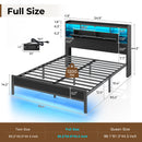 Rolanstar Bed Frame with Headboard, LED Bed with Bookcase Storage and Charging Station, Metal Platform Bed with Glass Shelves, No Box Spring Needed, Noise-Free