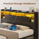 Rolanstar Bed Frame with Headboard, LED Bed with Bookcase Storage and Charging Station, Metal Platform Bed with Glass Shelves, No Box Spring Needed, Noise-Free