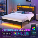 Rolanstar Bed Frame with Headboard, LED Bed with Bookcase Storage and Charging Station, Metal Platform Bed with Glass Shelves, No Box Spring Needed, Noise-Free