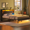 Rolanstar Bed Frame with Headboard, LED Bed with Bookcase Storage and Charging Station, Metal Platform Bed with Glass Shelves, No Box Spring Needed, Noise-Free