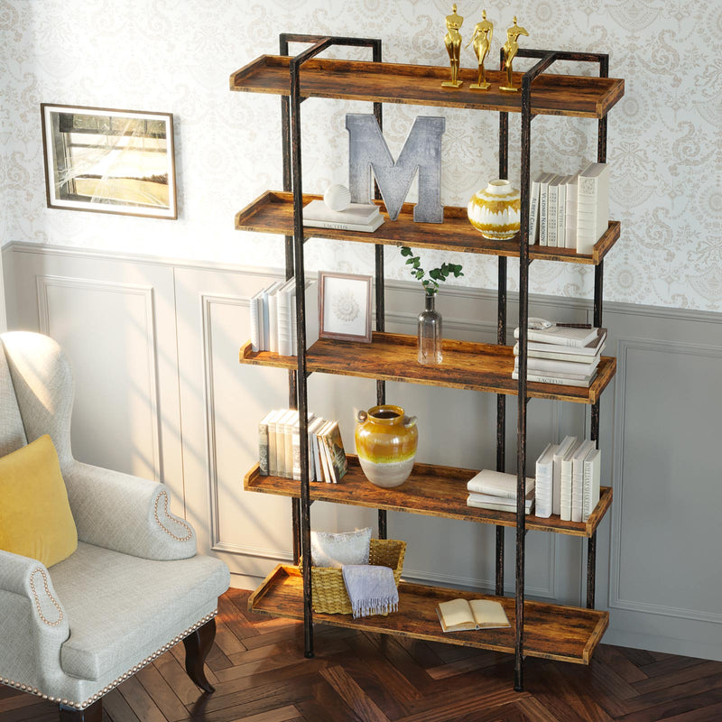 Rolanstar Bookshelf 5-Tier, 71.8’’H Industrial Book Shelf, Large Bookcases and Bookshelves with Open Shelves, Open Display Shelves with Metal Frame for Living Room Bedroom Home Office