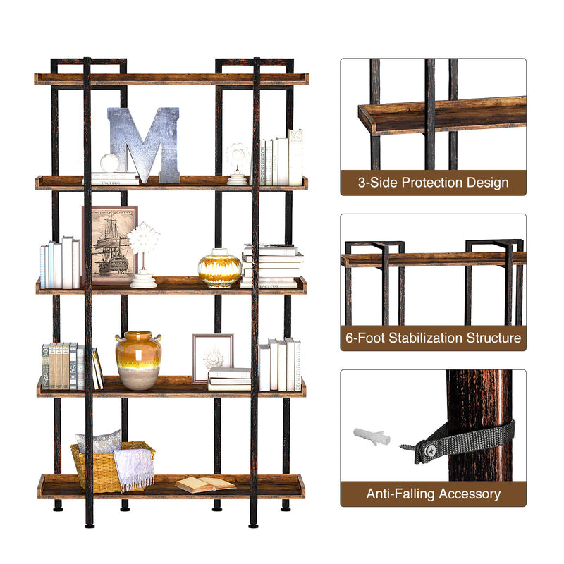 Rolanstar Bookshelf 5-Tier, 71.8’’H Industrial Book Shelf, Large Bookcases and Bookshelves with Open Shelves, Open Display Shelves with Metal Frame for Living Room Bedroom Home Office