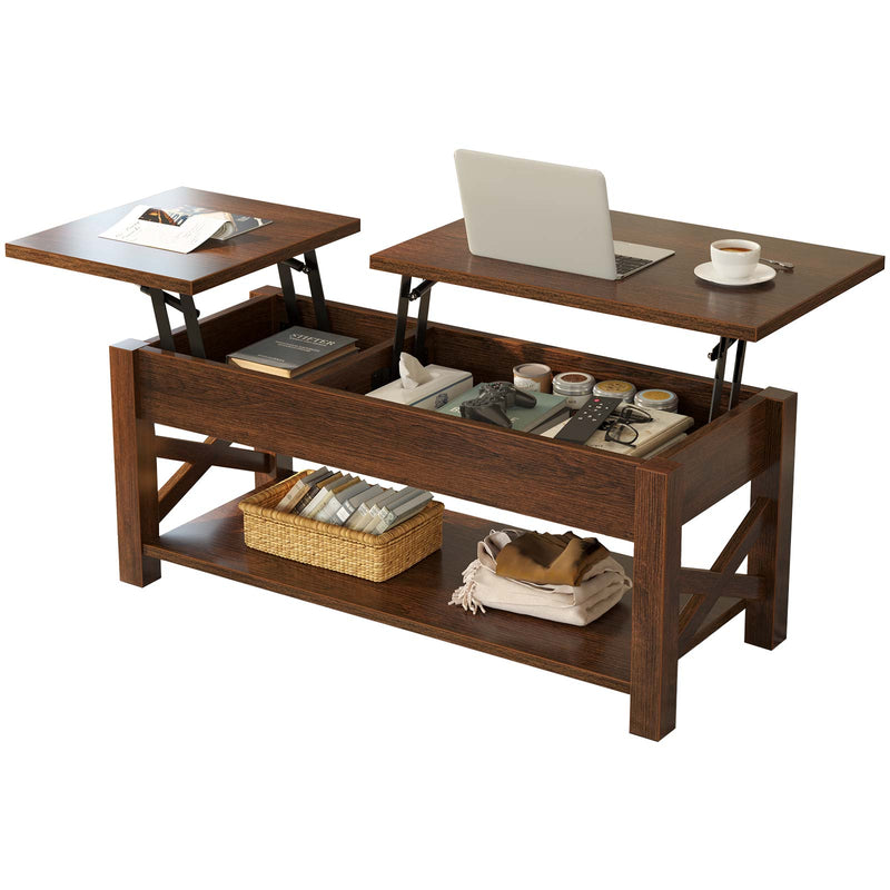 Rolanstar 47.2" Lift Top Coffee Table with Hidden Compartment, 2 Way Lift Top Coffee Table with Open Shelf & X Wooded Support, Table for Living Room, Espresso, 47.2" W x 19.7" D x 19-24.4" H