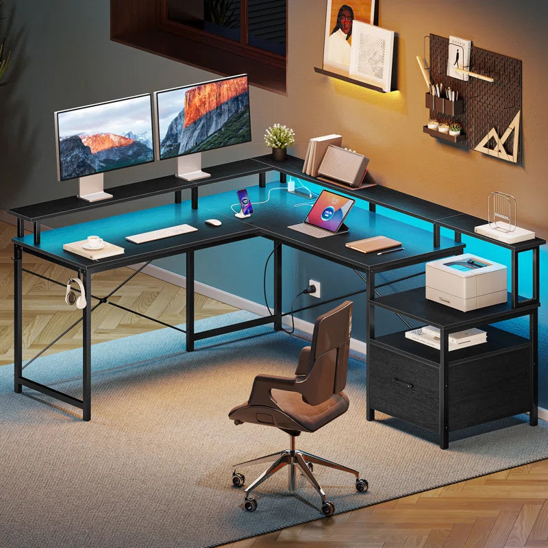 L Shaped Desk with File Drawer, Reversible Computer Desk with Power Outlets & LED Lights