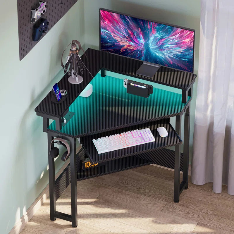 Gaming Desk with LED Lights & Power Outlets, Computer Desk with Monitor Stand & Drawers