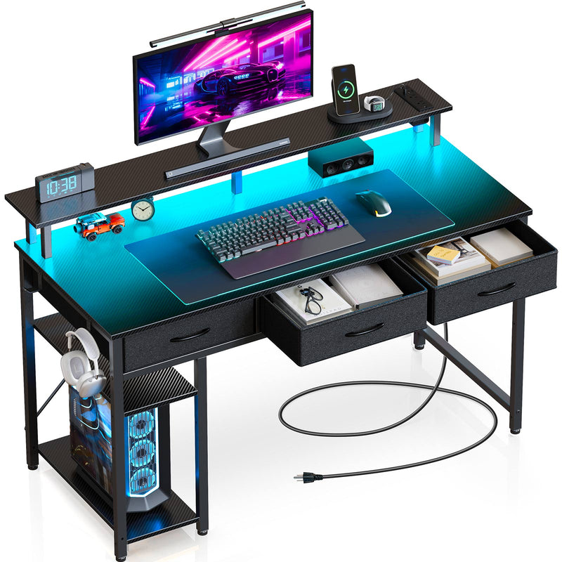 Rolanstar Computer Desk with Power Outlets & LED Light 55 inch Black